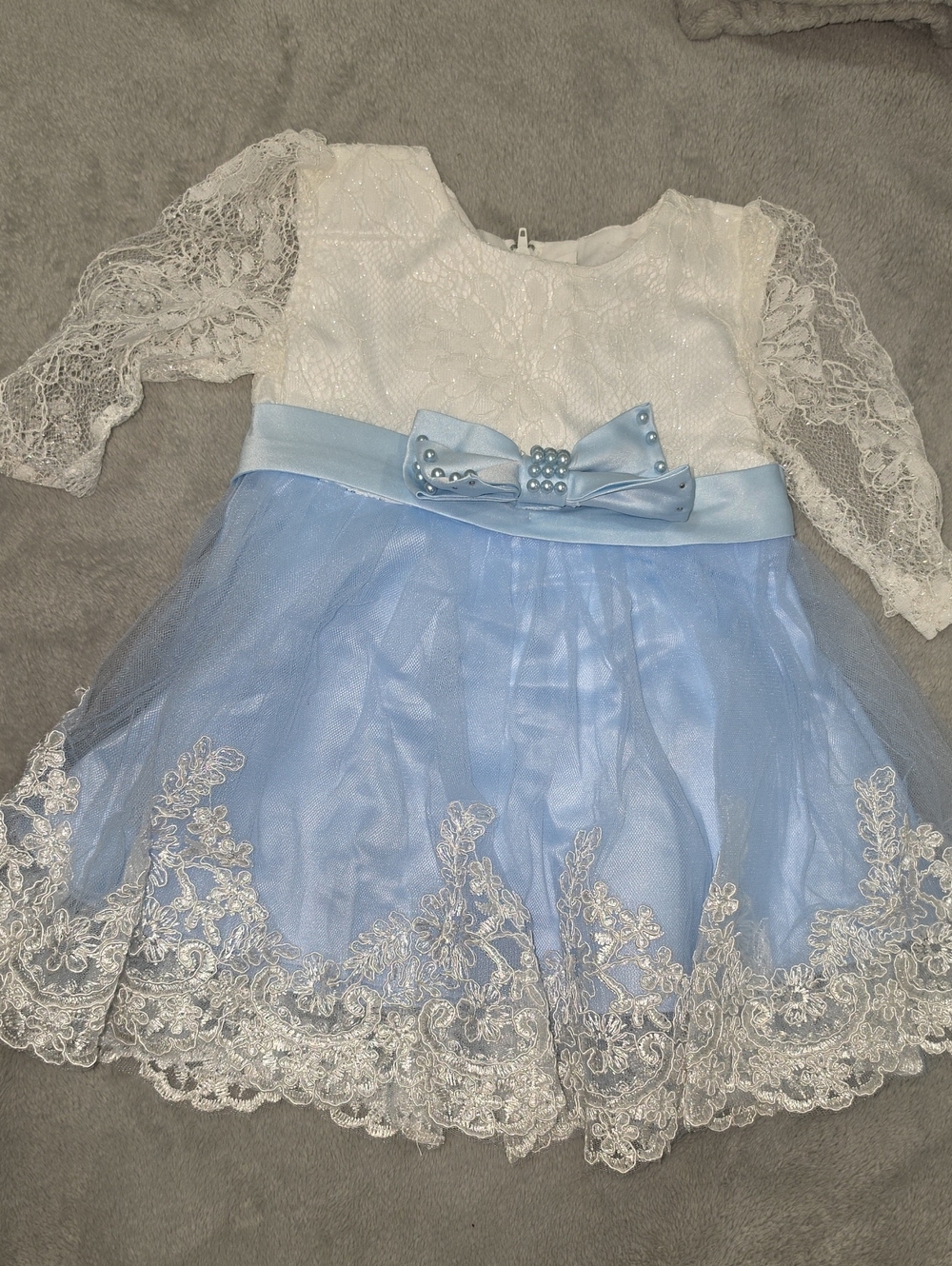 White Lace & Light Blue Tulle Baby Dress with Bow